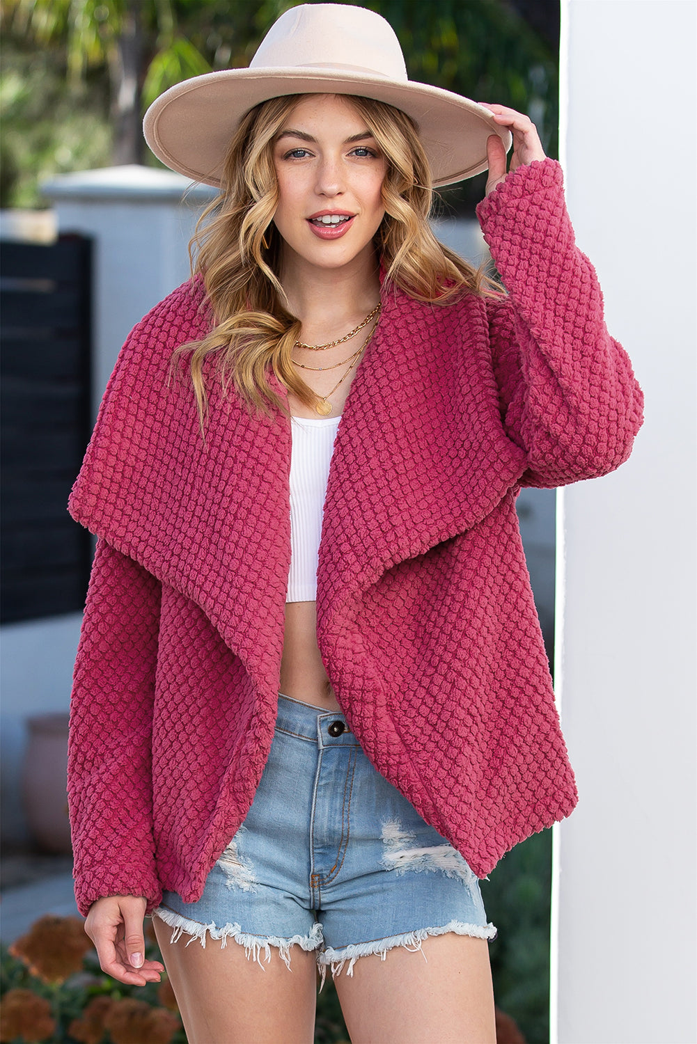 Hot Pink Casual Waffle Lapel Neck Open Front Blazer