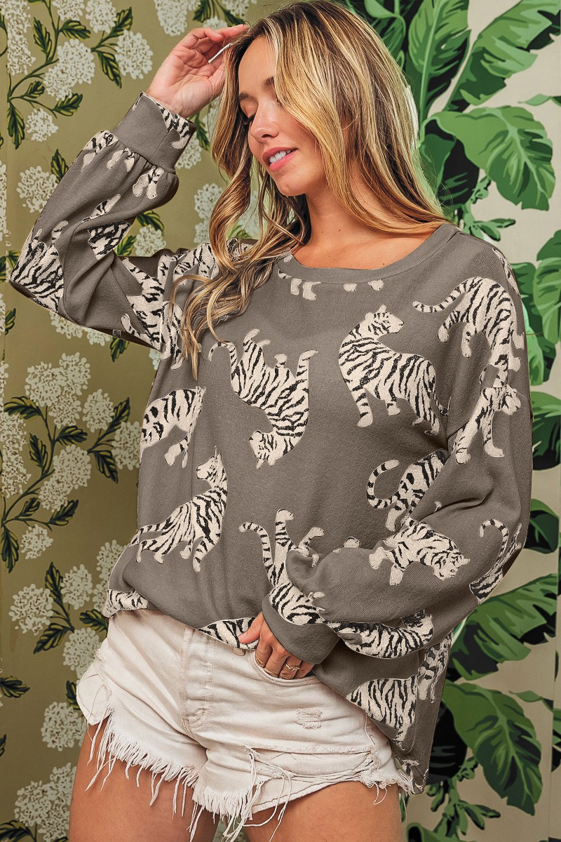 Taupe Animal Print Drop Sleeve Pullover Sweatshirt