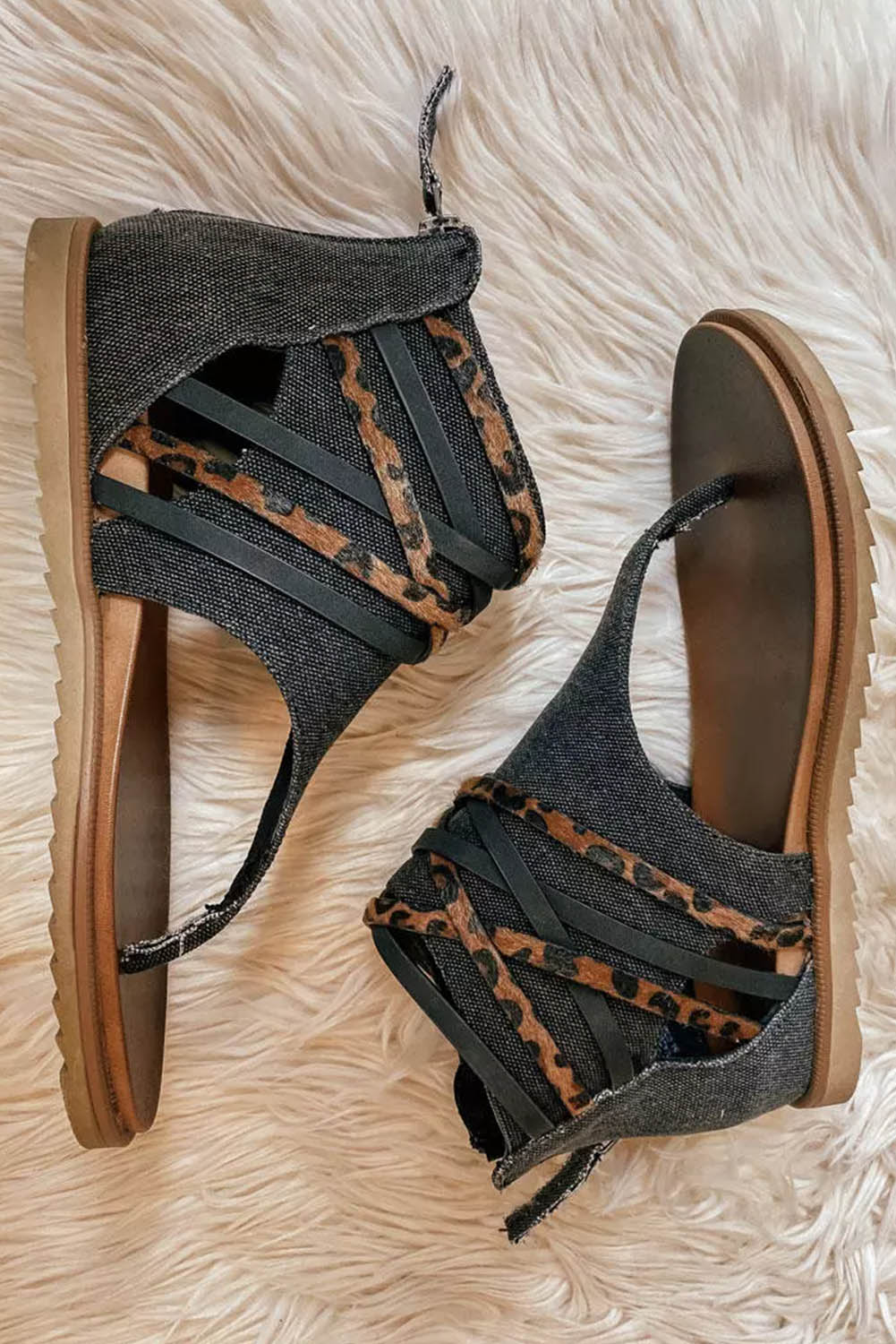 Black Leopard Strappy Canvas Sparta Sandals