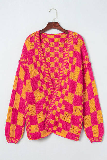 Colorblock Checked Open Front Knitted Cardigan