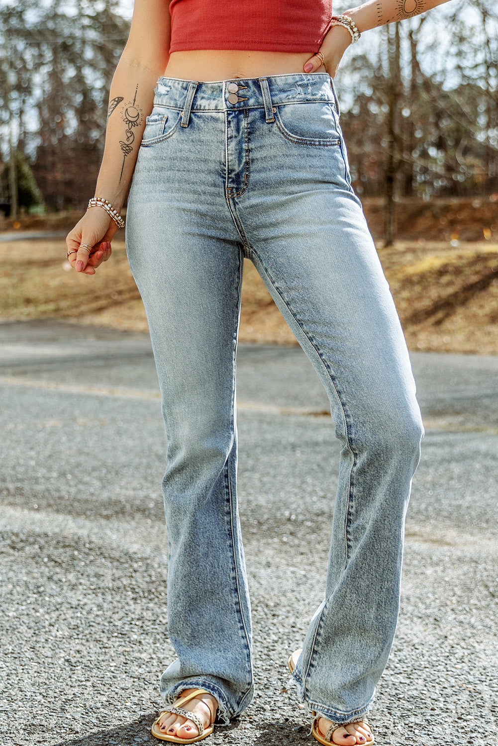 Blue Light Wash Distressed Flare High Rise Jeans