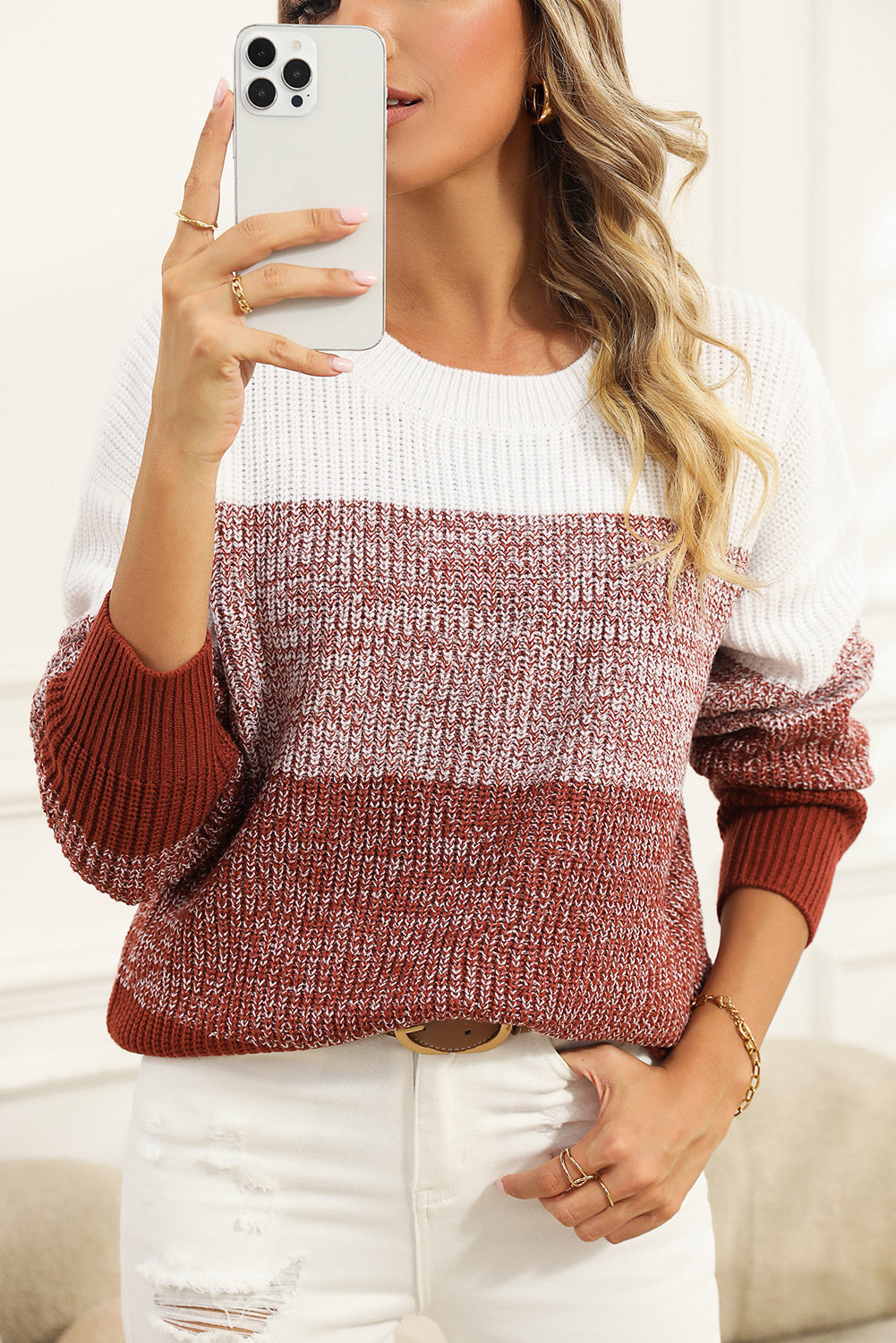 Brown Color Block Drop Shoulder Ribbed Trim Sweater