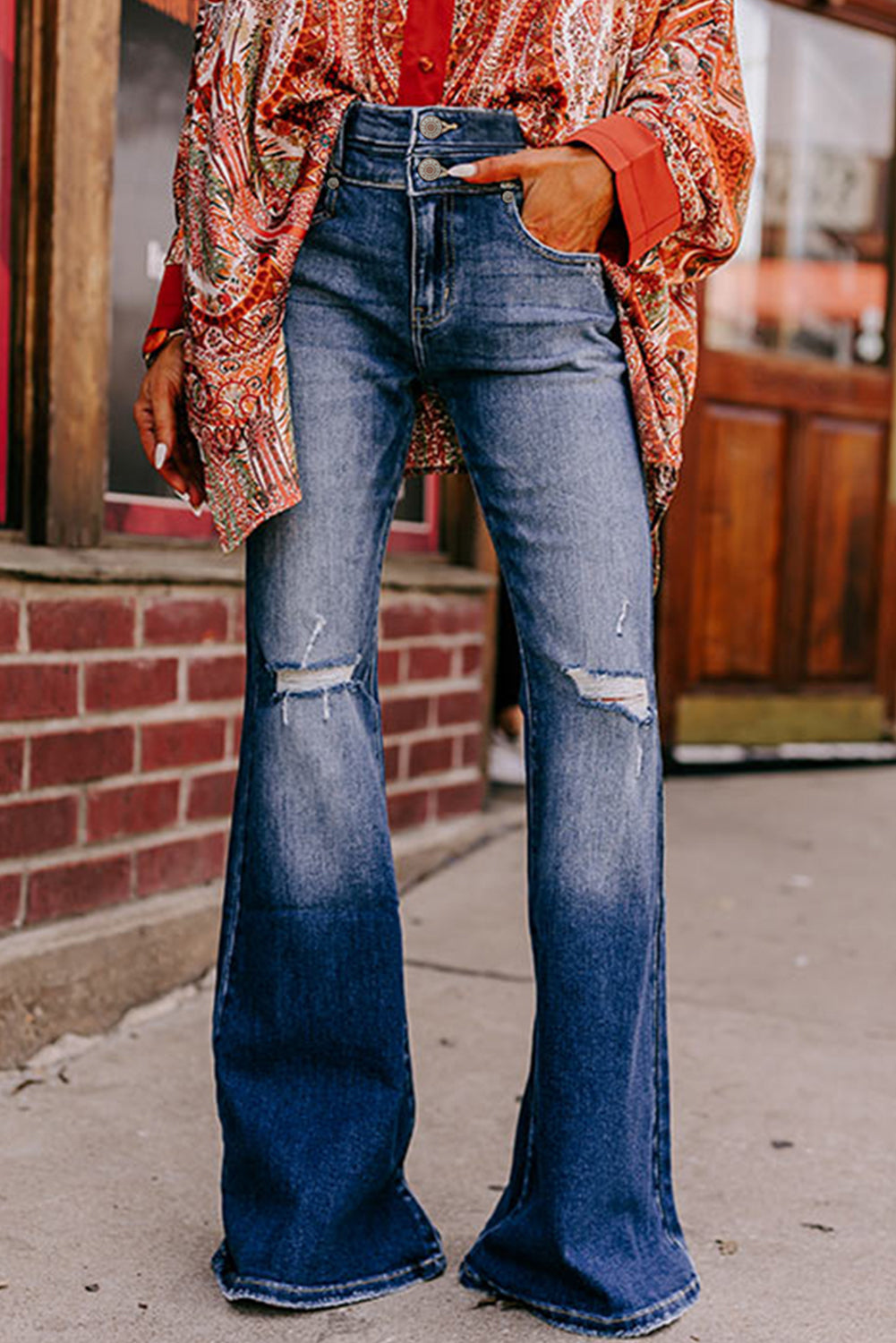 Sky Blue Basic Ripped High Waist Flare Jeans