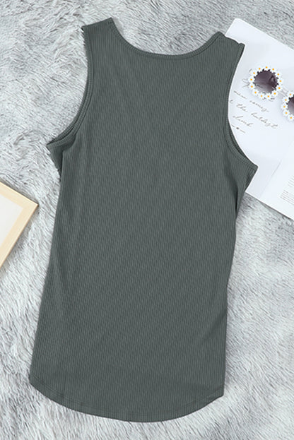 Button V Neck Casual Navy Blue Rib-Knit Tank Top for Women