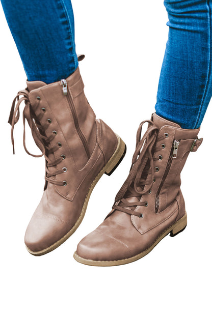 Chestnut Buckle Strap Zipper Decor Lace-up Leather Boots