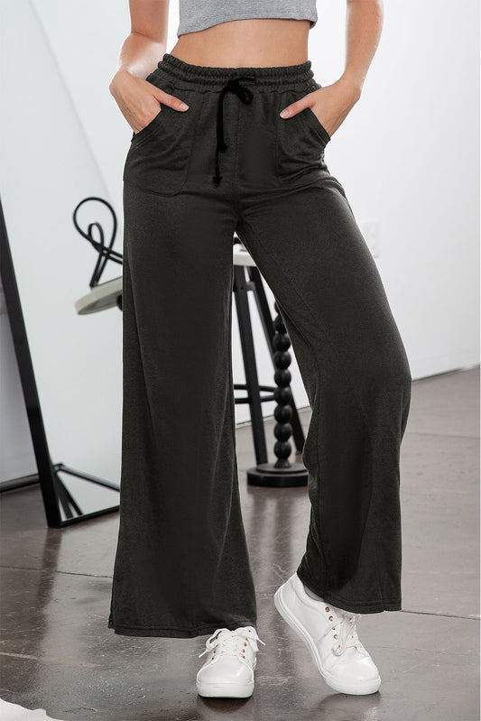 Grey Mineral Washed Drawstring High Waisted Wide Leg Pants