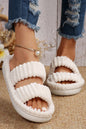 White Casual Soft Ribbed Double Straps Flat Slippers