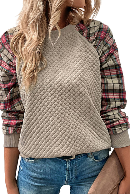 Apricot Plaid Print Quilted Raglan Sleeve Sweatshirt