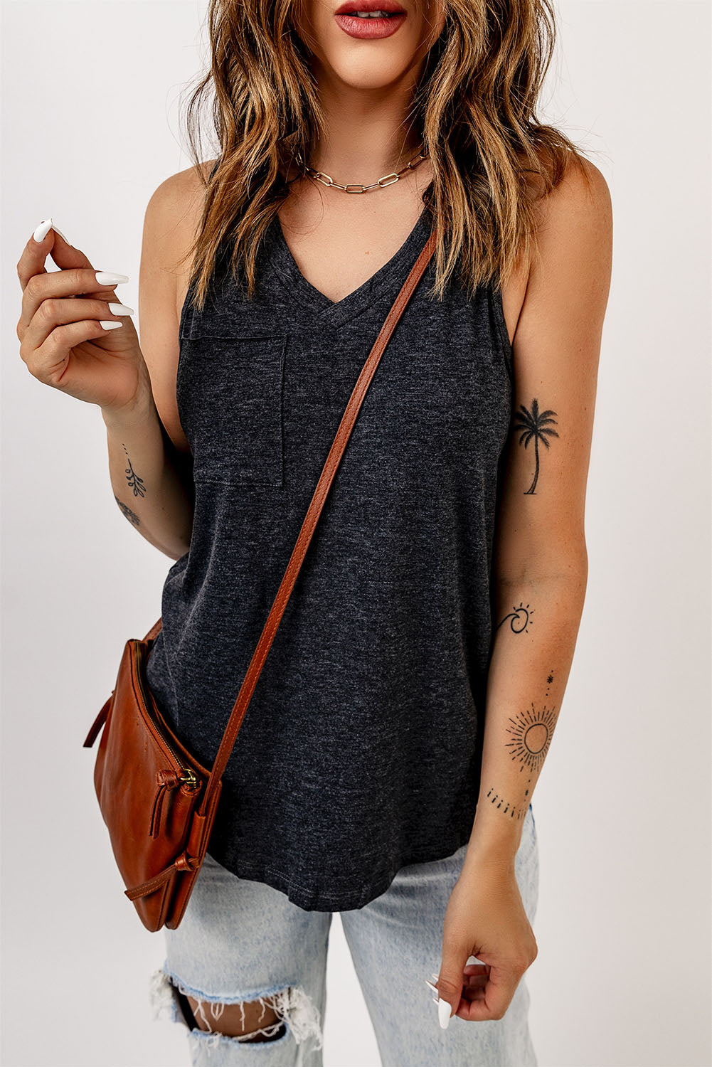 Gray Casual V Neck Racerback Tank Top With Pocket