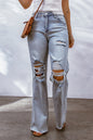 Light Blue Washed Casual Wide Leg Raw Hem Distressed Jeans