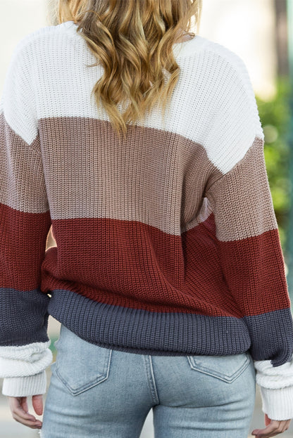 Chestnut Color Block Casual Knit Pullover Sweater