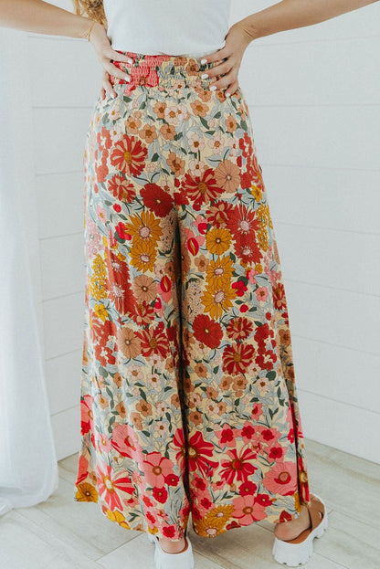 Oatmeal Boho Floral Smocked Waist Wide Leg Pants