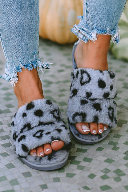 Leopard Print Peep Toe Plush Slippers