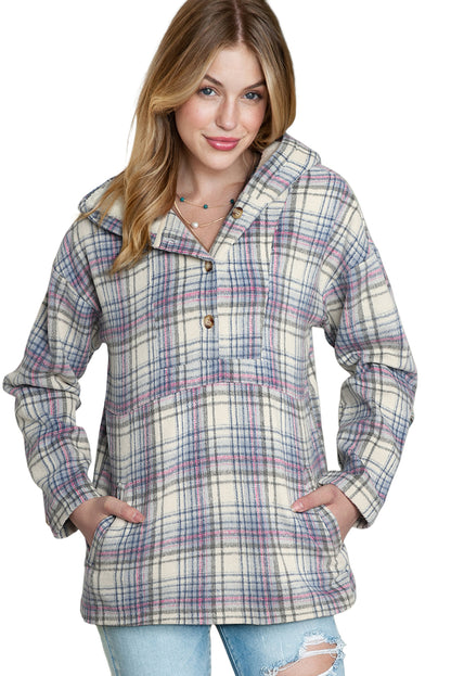 Khaki Plaid Button Neck Pocketed Pullover Hoodie
