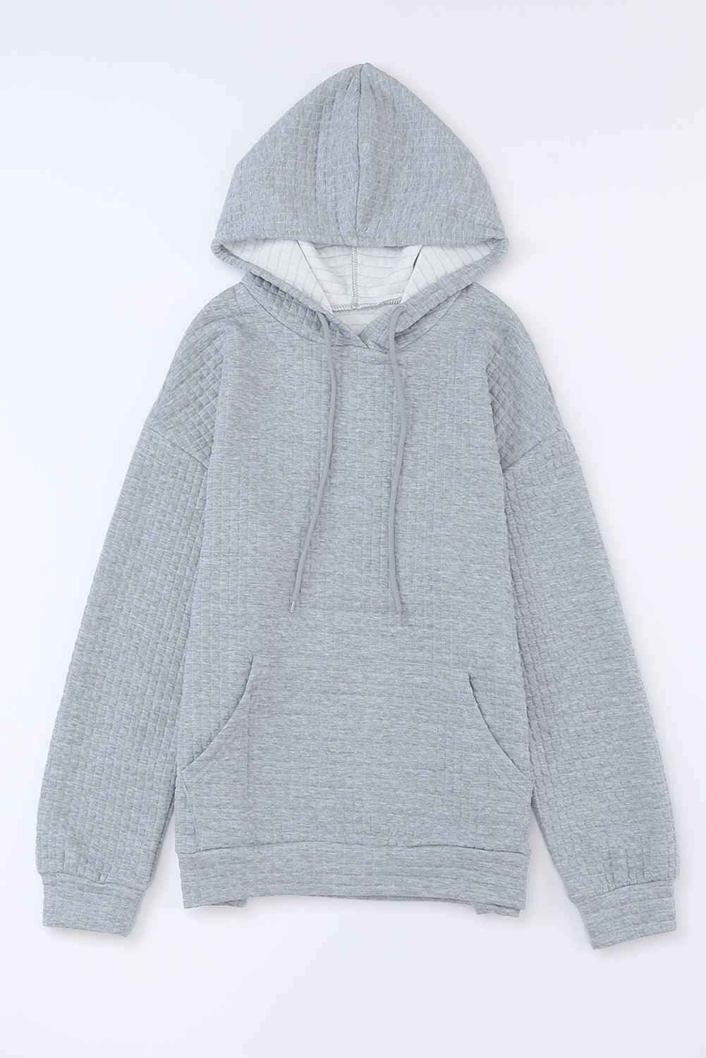 White Lattice Textured Kangaroo Pocket Drawstring Hoodie