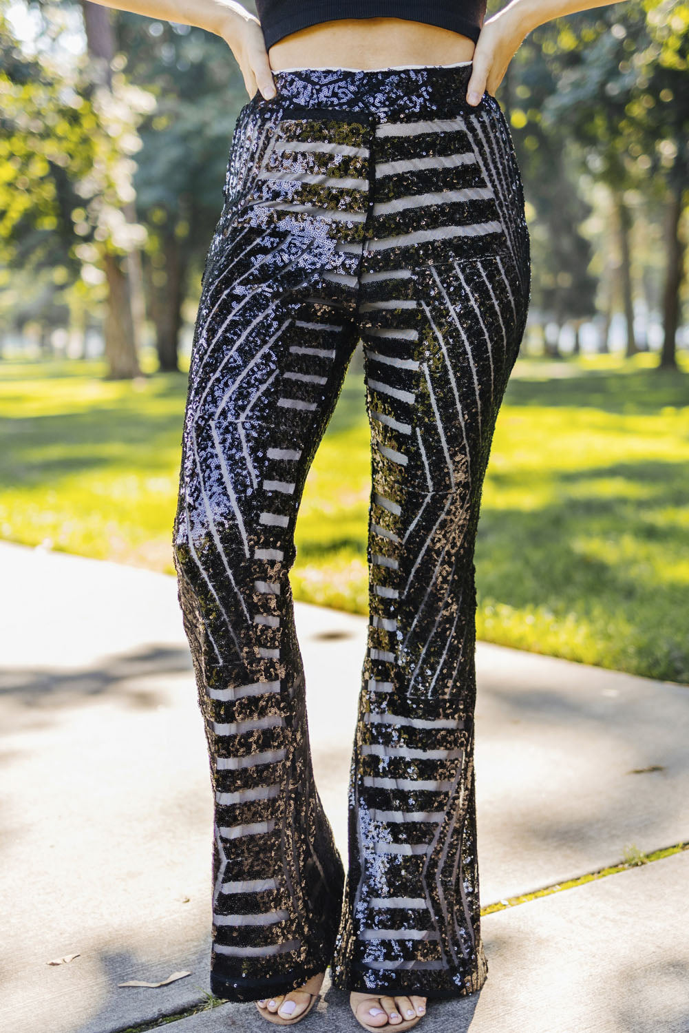 Black Sequins Striped High Waist Flared Pants