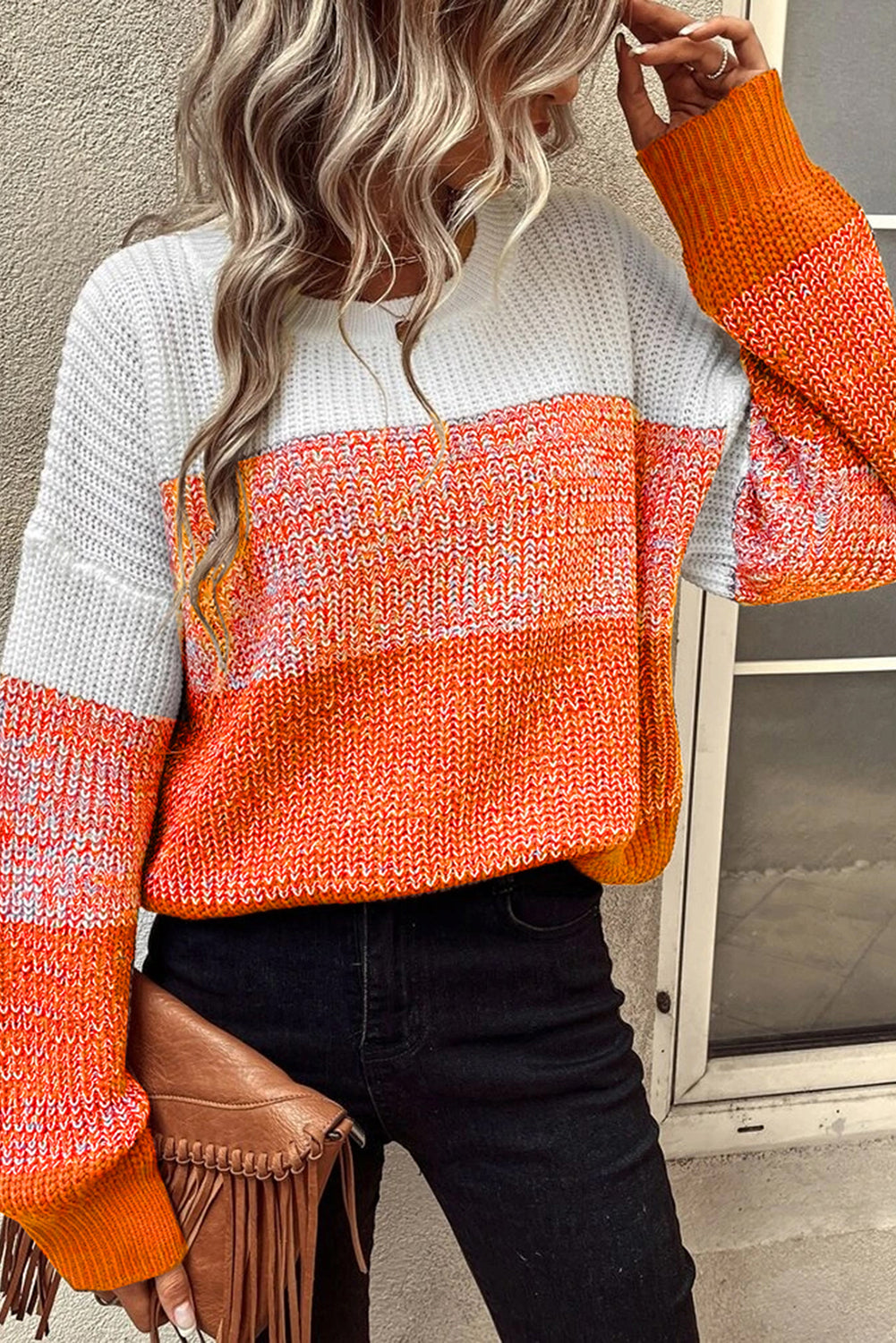 Brown Color Block Drop Shoulder Ribbed Trim Sweater