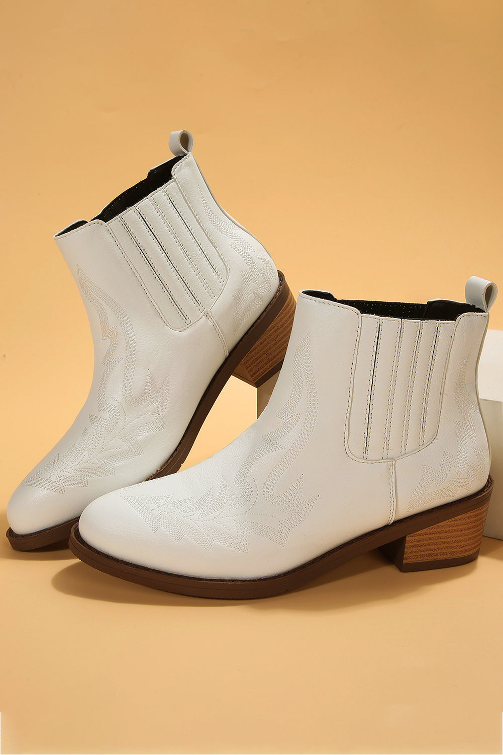 White Embroidered Leather Thick Heel Booties