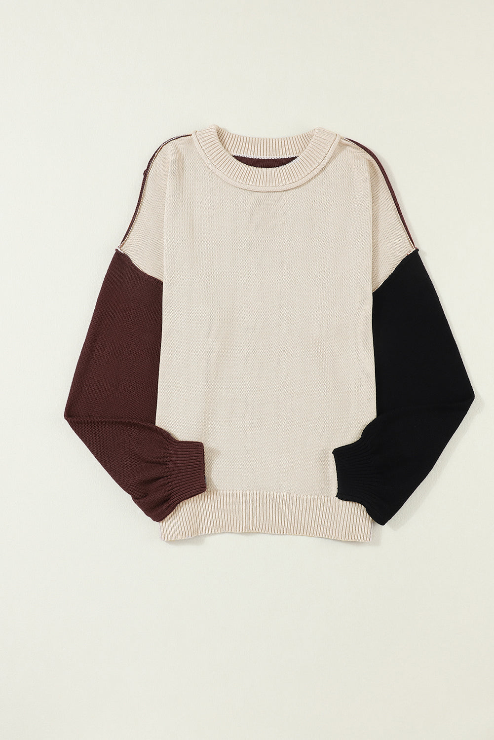 Brown Colorblock Bishop Sleeve Exposed Seam Ribbed Trim Sweater