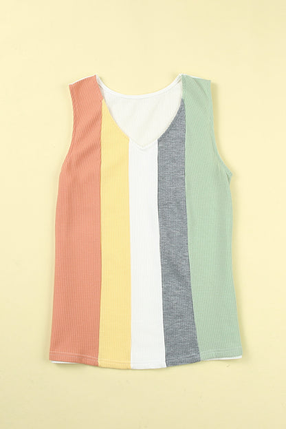 Multicolor Color Block Casual V Neck Waffle Knit Tank Top