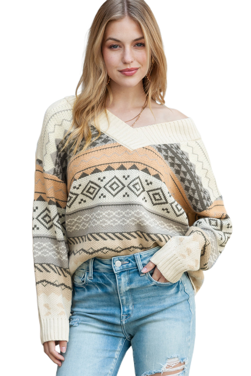 Khaki Geometric Print Ribbed Knitted V Neck Sweater