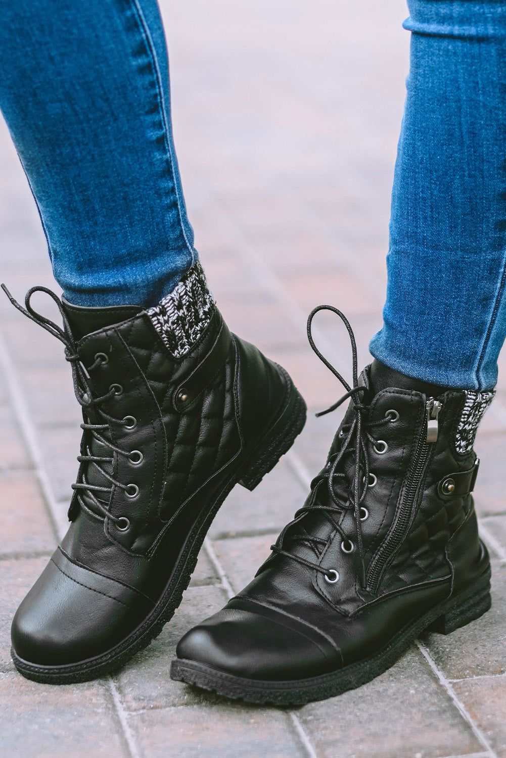 Black Quilted Zipped Lace-up PU Leather Boots