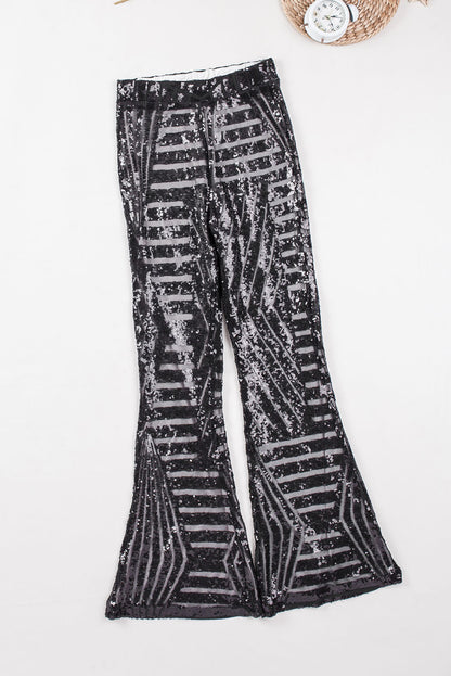 Black Sequins Striped High Waist Flared Pants