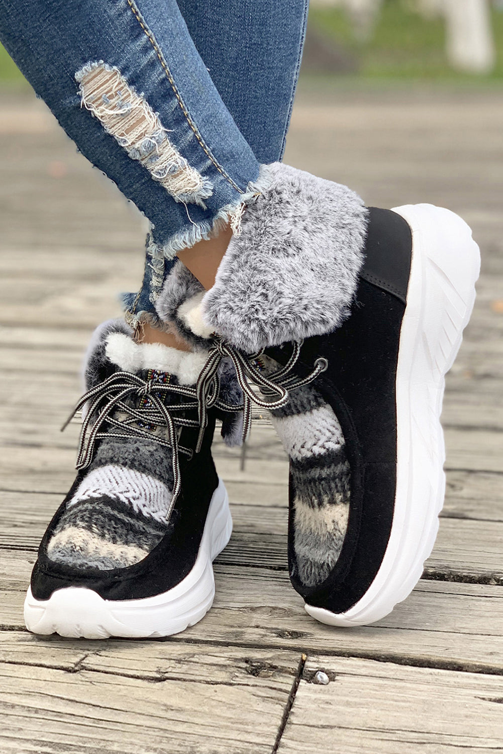 Chestnut Striped Raw Hem Patchwork Lace Up Sneakers