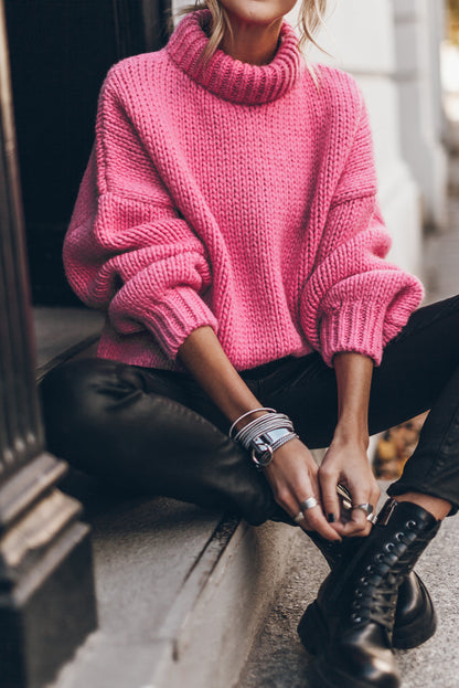 Light Grey Chunky Knit Turtle Neck Drop Shoulder Sweater