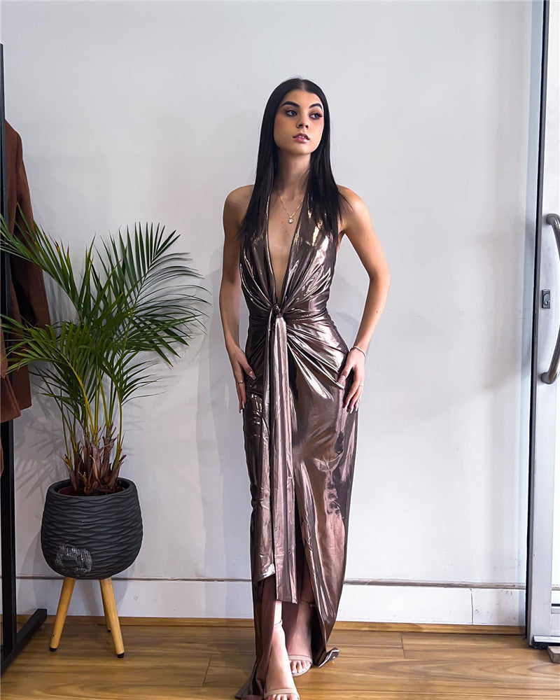 Beryl Shiny Ruched Sexy Maxi Dress