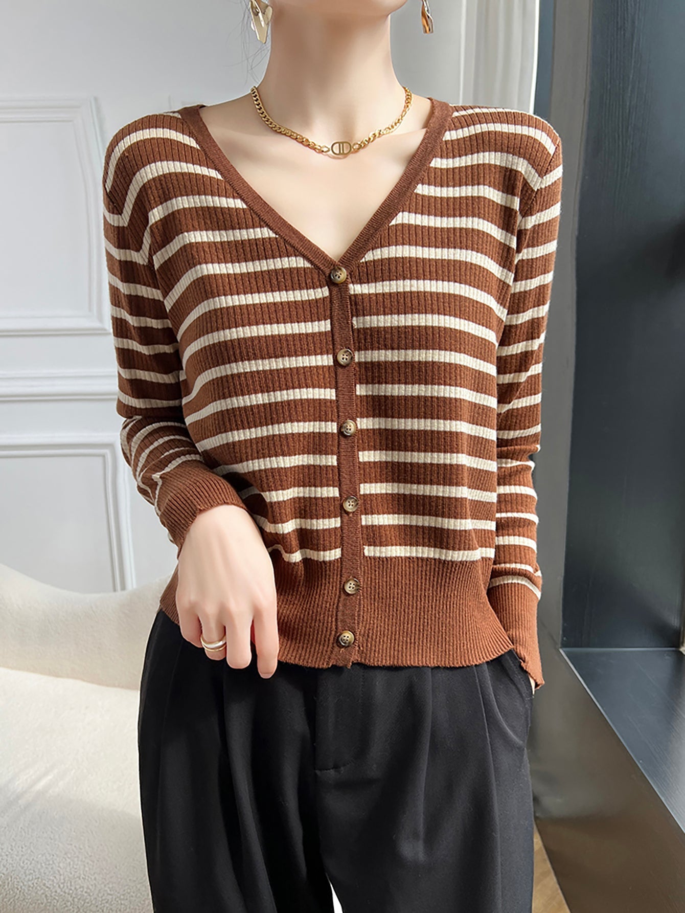 Sylvia Woman V Neck Striped Sweater