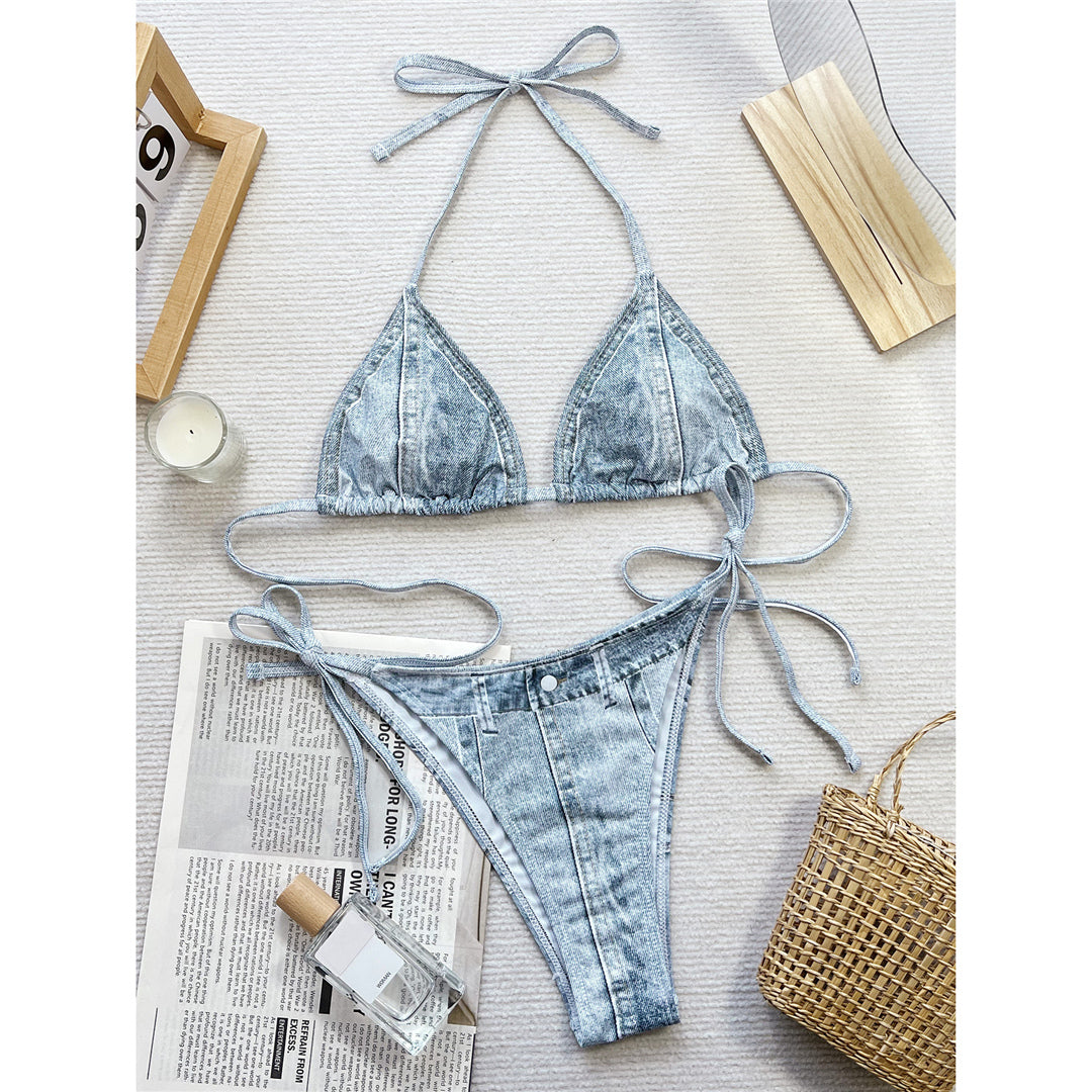 Sylvia Denim Printed Halter Strappy High Cut Bikini