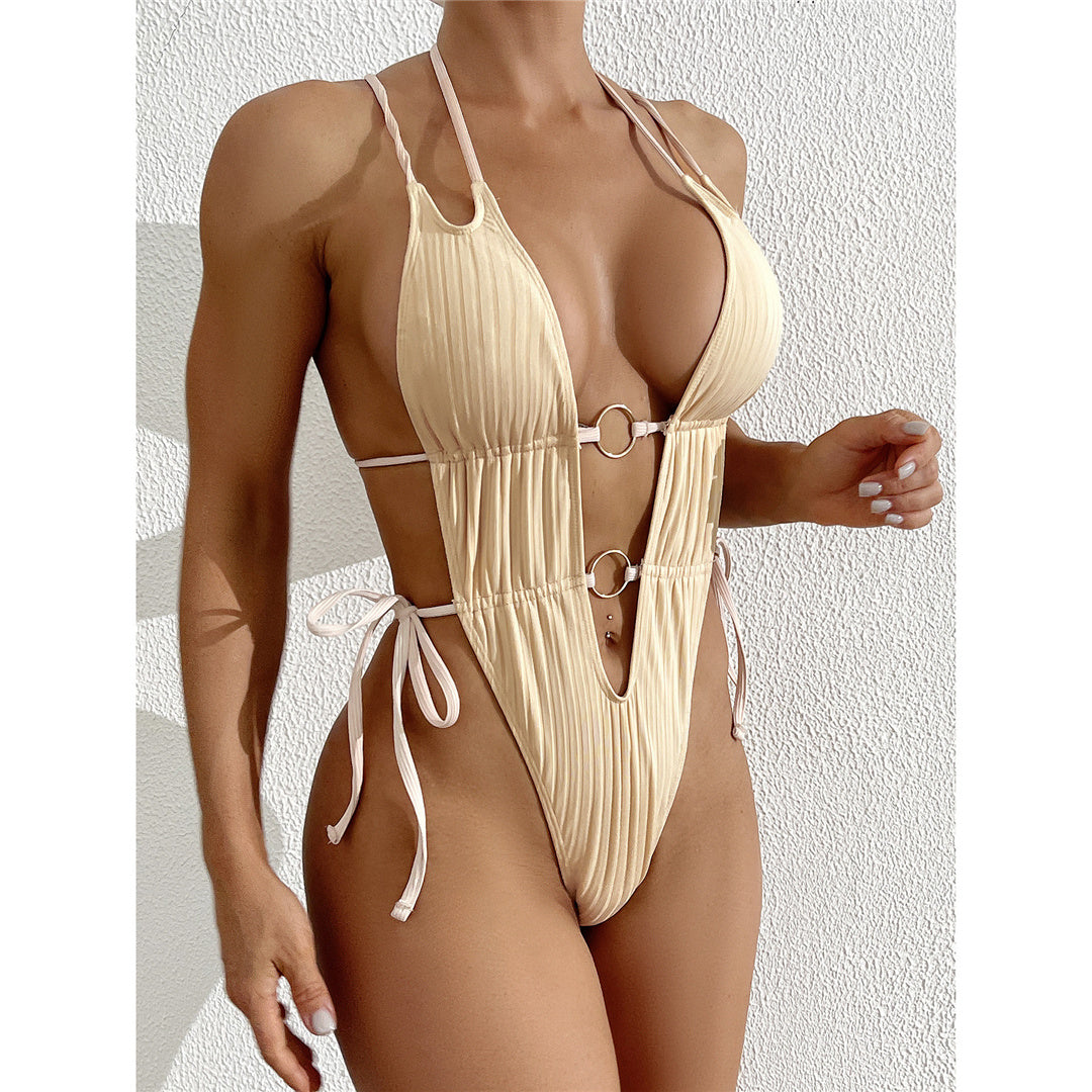 Donna Deep V Neck Halter High Leg Cut One Piece Swimsuit