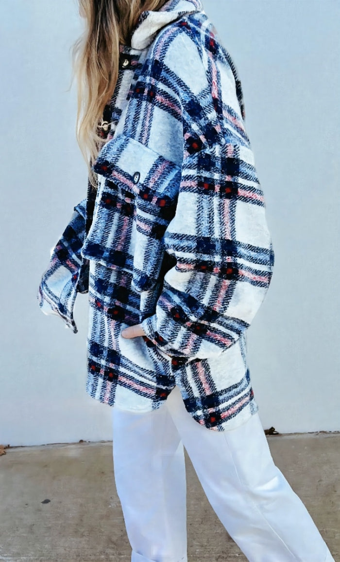 Winter Women Coat Thickened Plush Loose Multi-Pocket Collared Plaid Jacket