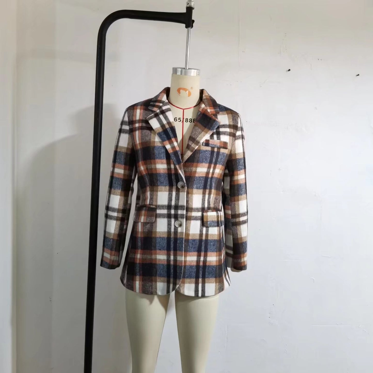 Women Slim-Fit Office  V neck Long Sleeve Woolen Plaid Blazer