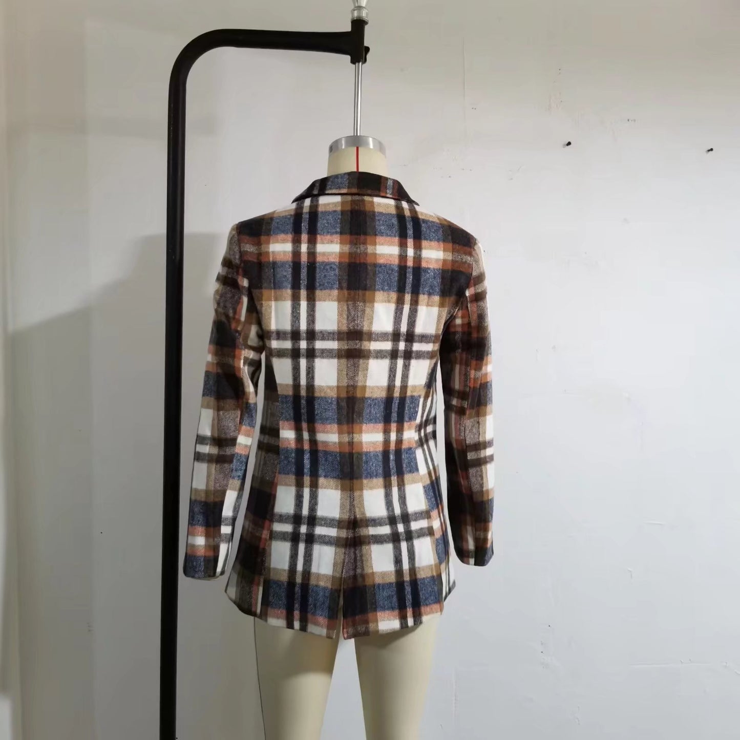 Women Slim-Fit Office  V neck Long Sleeve Woolen Plaid Blazer