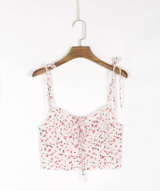 Summer French Idyllic Small Floral Lace Printing Sexy Suspenders Low Cut Crop-Top Short Top