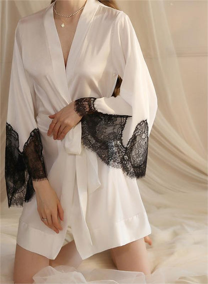 Summer Long Sexy Seduction Pajamas Women Cardigan Lace Bell Sleeve White Nightgown Satin Bathrobe