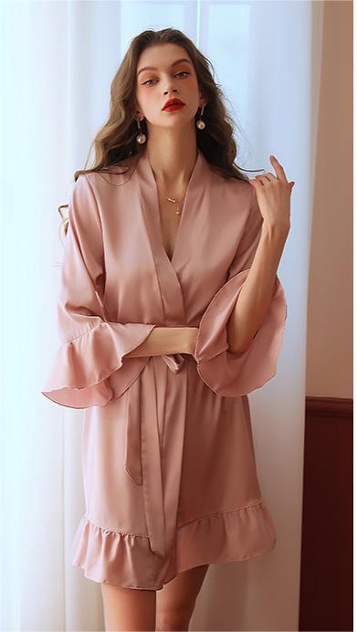 Sexy Pajamas Sexy Artificial Silk Lotus Leaf Cuff Cardigan Outerwear Gown Nightgown