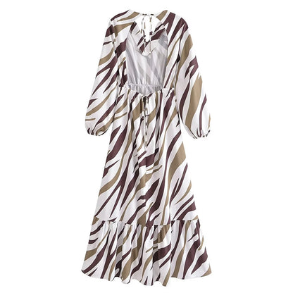 Retro V-neck Long Sleeve Animal Pattern High Waist A- line Dress for Women