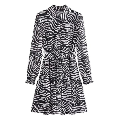 Autumn Retro Lapels Long Sleeve Single-Breasted Animal Pattern Waist Dress for Women