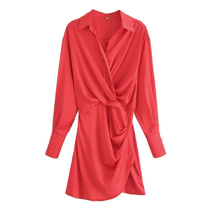 Summer Red for Women Pleated Long Sleeve Shirt Dress