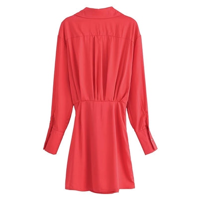 Summer Red for Women Pleated Long Sleeve Shirt Dress