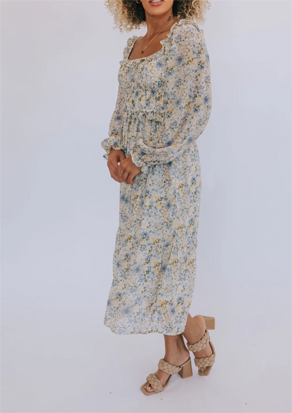 Early Spring Women Clothing Elastic Waist Square Collar Wild Blue Floral Dress
