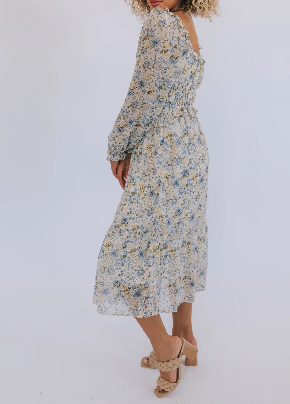 Early Spring Women Clothing Elastic Waist Square Collar Wild Blue Floral Dress