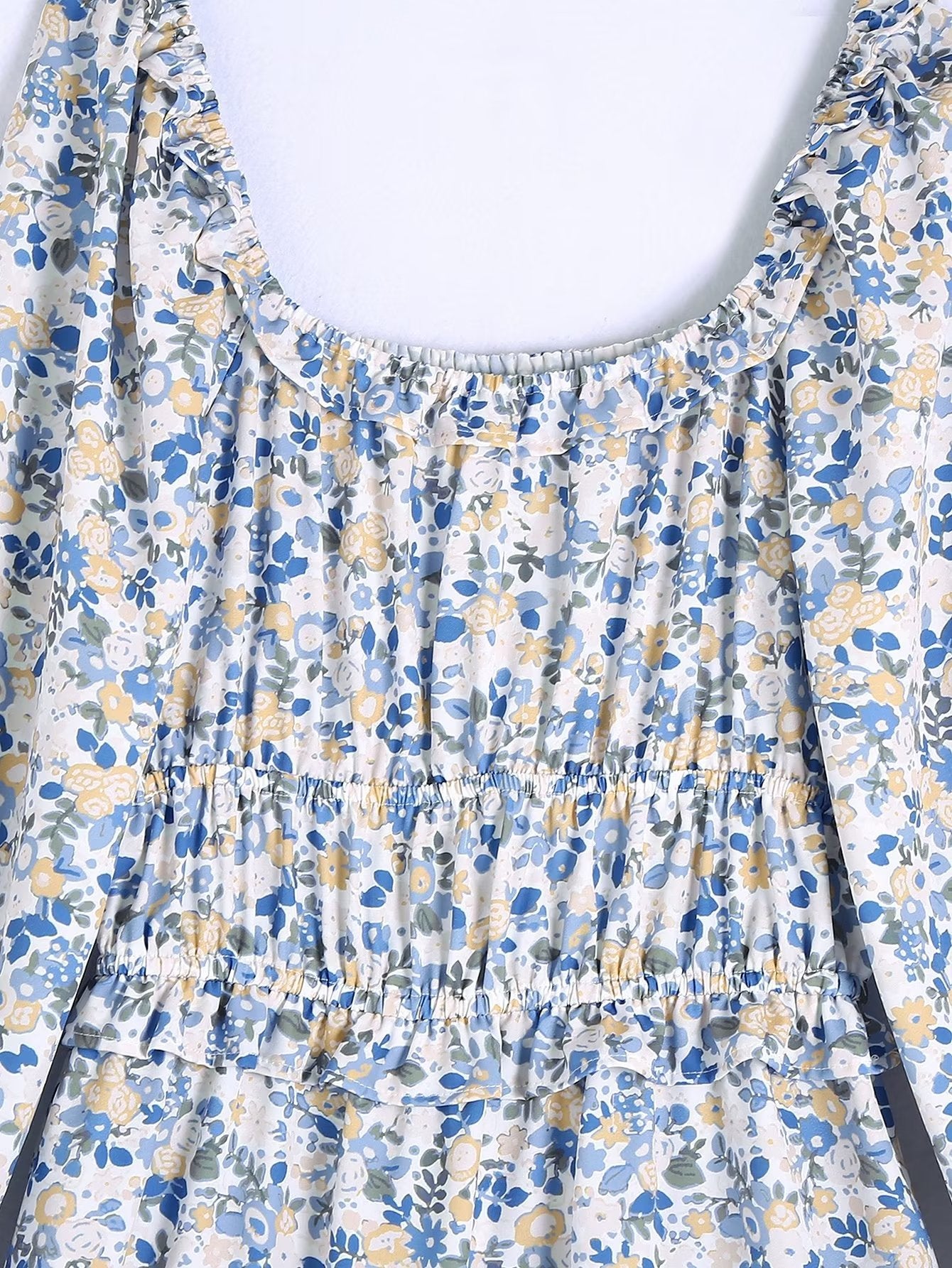 Early Spring Women Clothing Elastic Waist Square Collar Wild Blue Floral Dress