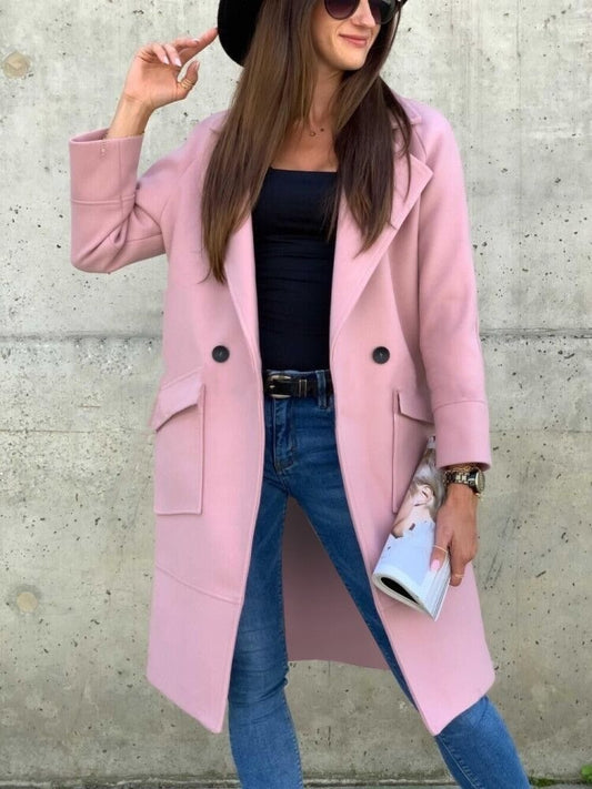 Autumn Winter Solid Color Long Sleeve Blazer Collar Button Pocket Woolen Coat Women