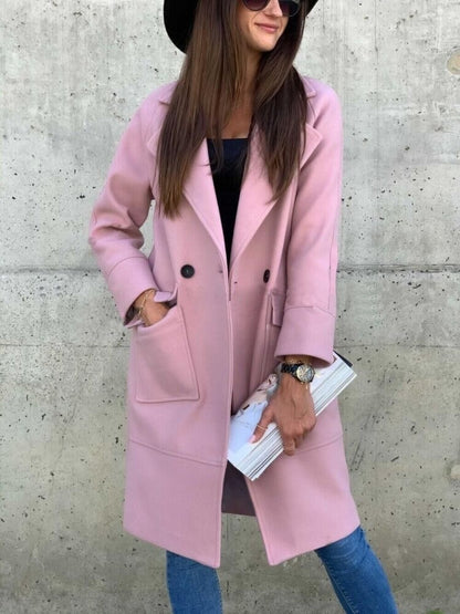 Autumn Winter Solid Color Long Sleeve Blazer Collar Button Pocket Woolen Coat Women