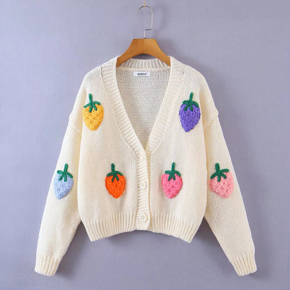 Autumn Two-Color Cute Strawberry Sweater Cardigan V neck Single Breasted Coat