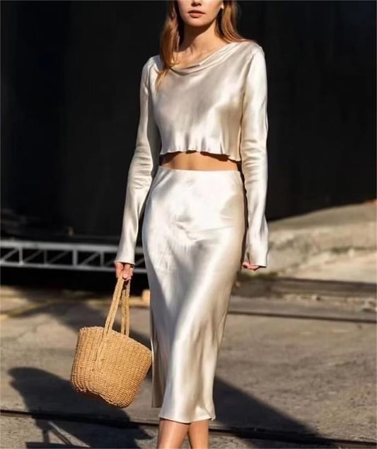 Women Clothing Summer Satin Long Sleeve Shirt Waist Mid Length Dress Set